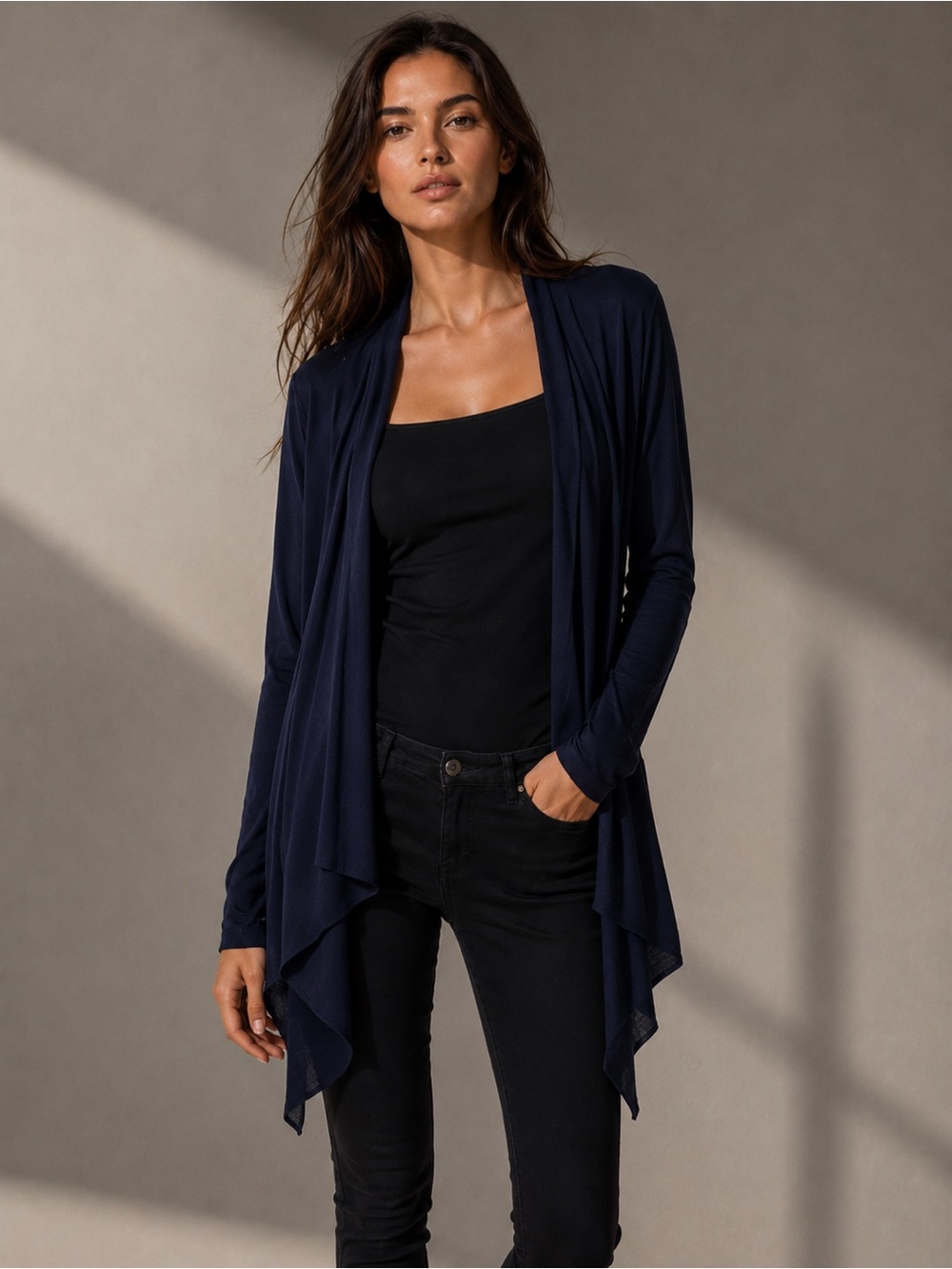 ADRIENNE VITTADINI black knit cardigan with waterfall hemline. Medium
